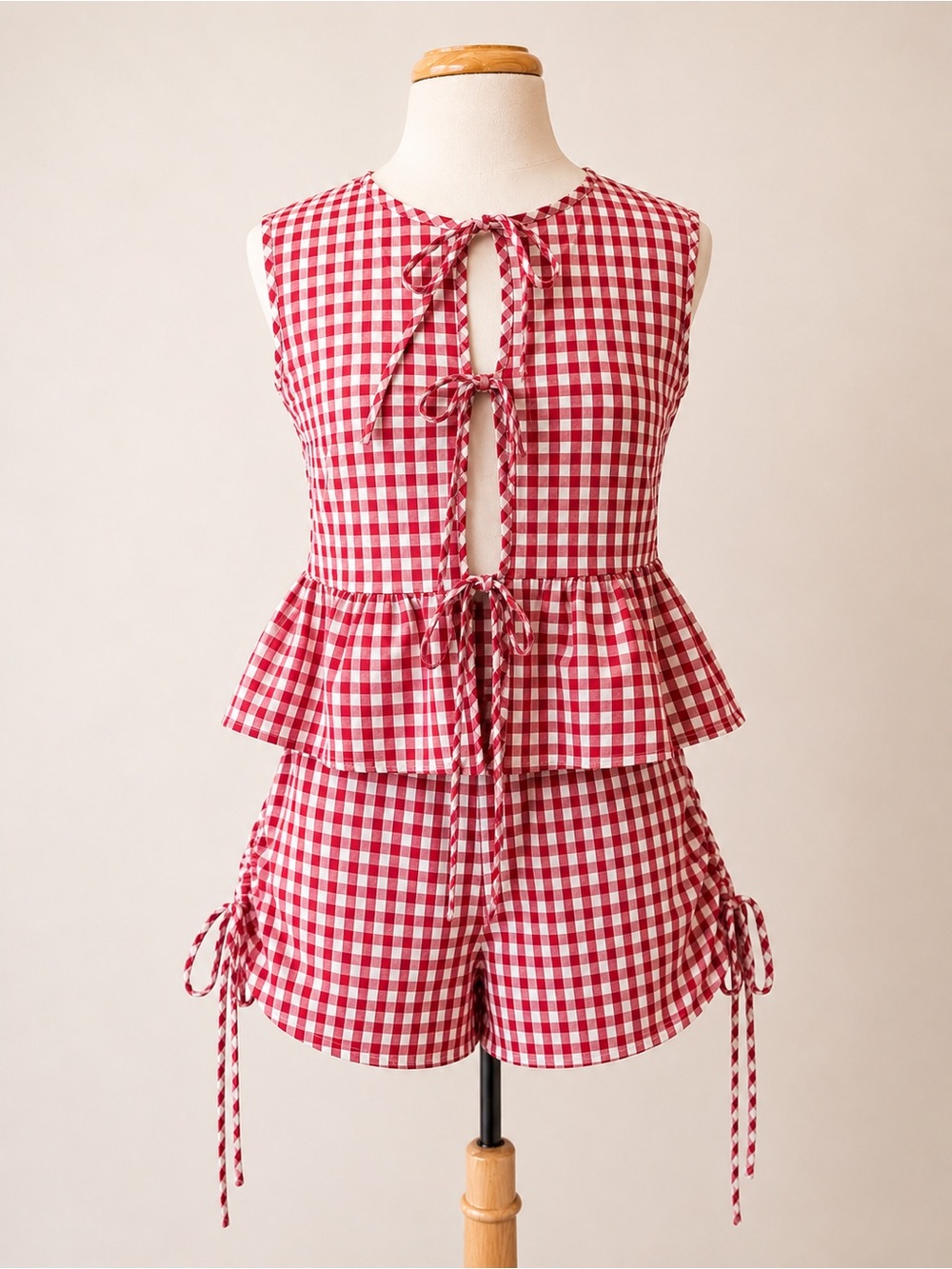 SHEIN Red and White Gingham Tie-Front Peplum Romper - Picture 1 of 3